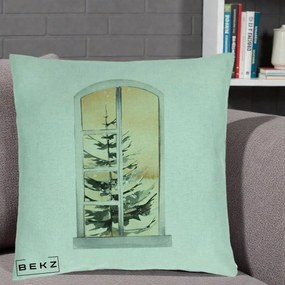 Perna Decorativa Fereastra cu Brad de Iarna, 40x40 cm, Verde Menta, Husa Detasabila, Perna Inclusa, BEKZ®