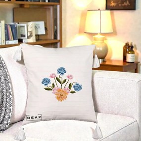 Perna Decorativa Buchet Primavara Acuarela, 40x40 cm, Bej cu Franjuri, Husa Detasabila, Perna Inclusa, BEKZ®