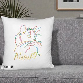 Perna Personalizata Pisica Meow Arta Linie Colorata, 40x40 cm, Alb Pufos, Husa Detasabila, Perna Inclusa, BEKZ®