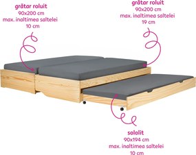 Pat cu module suplimentare extensibile, culoare naturală, lemn masiv, 90x200, FLOPY