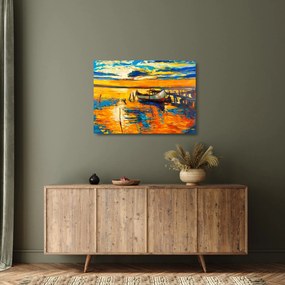 Tablou pe sticlă - Barca la apus de soare (70x50 cm)