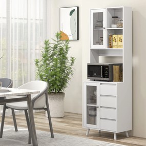 HOMCOM Servantă Înaltă de Bucătărie cu Uși din Sticlă, 2 Rafturi Deschise, 4 Sertare, Rafturi Reglabile, 60x35x180 cm, Alb | Aosom Romania