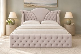 Pat tapițat Chesterfield din catifea Velora 140×200 cm, crem, cu ladă de depozitare