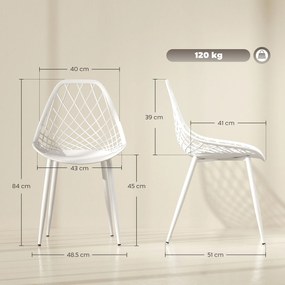 HOMCOM Set 4 Scaune Moderne cu Spătar Perforat din Plastic și Metal Alb | Aosom Romania