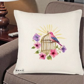 Perna Decorativa Pasare Roz pe Colivie Aurie cu Flori, 40x40 cm, Crem Reliefat, Husa Detasabila, Perna Inclusa, BEKZ®