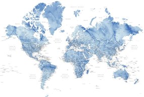 Harta Watercolor world map with cities in muted blue, Vance, Blursbyai