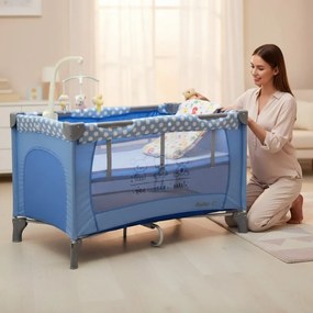 Patut Pliabil si Tarc copii Baby Care™ PRO FMG, 120X60 cm, 2 Niveluri de inaltime, Cu geanta transport inclusa, Plasa insecte, Albastru