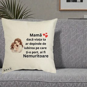 Cadou pentru Mama - Perna Personalizata Mama Nemuritoare cu Balon Inima, 40x40 cm, Ecru, Husa Detasabila, Perna Inclusa, BEKZ®