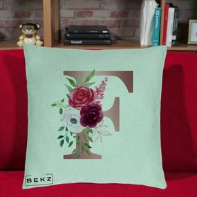 Cadou Personalizat - Perna Personalizata Monograma Rose Gold Litera F, 40x40 cm, Verde Menta, Husa Detasabila, Perna Inclusa, BEKZ®