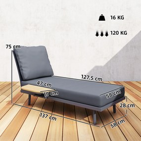 Outsunny Șezlong de grădină cu perne lavabile din olefină și raft lateral, cadru metalic, 58x137x75cm, gri | Aosom Romania