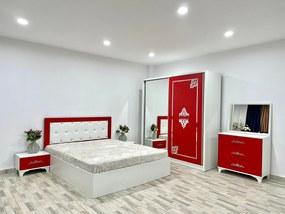 Dormitor Milano, culoare alb / rosu, cu pat tapitat 160 x 200 cm, dulap cu 2 usi, comoda cu oglinda, 2 noptiere