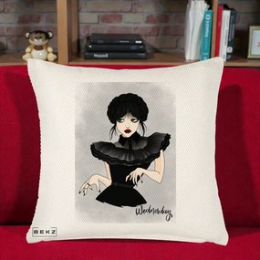 Perna Personalizata Wednesday Addams Portret Gotic, 40x40 cm, Crem Reliefat, Husa Detasabila, Perna Inclusa, BEKZ®