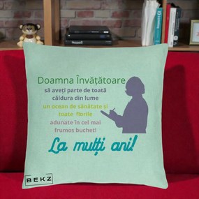 Cadou pentru Invatatoare - Perna Personalizata Doamna Invatatore La Multi Ani cu Silueta si Text Colorat, 40x40 cm, Verde Menta, Husa Detasabila, Perna Inclusa, BEKZ®