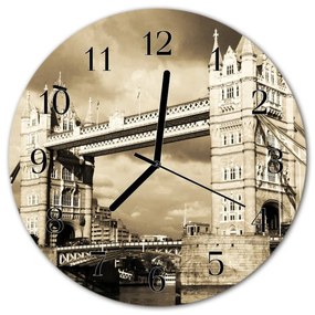 Ceas de perete din sticla rotund Podul London City Sepia
