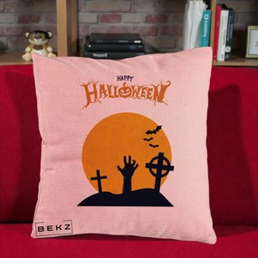 Perna Decorativa Happy Halloween Cimitir cu Luna, 40x40 cm, Roz, Husa Detasabila, Perna Inclusa, BEKZ®