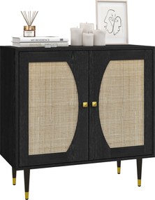 HOMCOM Bufet de bucătărie mobilier de depozitare design boem cu dublă uși și 2 nivele, fațadă din răchită 80 x 38 x 79 cm negru | Aosom Romania