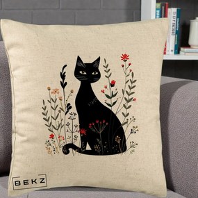 Perna Decorativa Pisica Neagra Botanica Rosu-Gri, 40x40 cm, Bej, Husa Detasabila, Perna Inclusa, BEKZ®