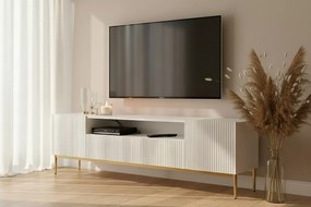 Comodă TV cu nișă și sertare Nicole 200 cm - alb mat / picioare aurii