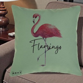 Perna Decorativa Flamingo Acuarela, 40x40 cm, Verde, Husa Detasabila, Perna Inclusa, BEKZ®