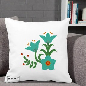 Perna Decorativa Flori Stilizate Folk Turcoaz, 40x40 cm, Alba Mata, Husa Detasabila, Perna Inclusa, BEKZ®
