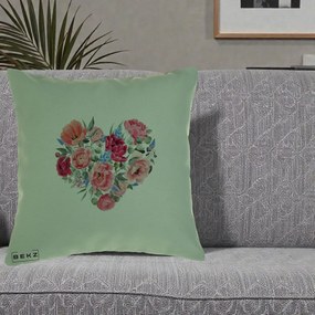 Perna Decorativa Inima din Bujori Acuarela, 40x40 cm, Verde, Husa Detasabila, Perna Inclusa, BEKZ®