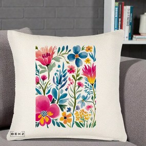 Perna Decorativa Gradina Florala Acuarela Colorata, 40x40 cm, Crem Reliefat, Husa Detasabila, Perna Inclusa, BEKZ®