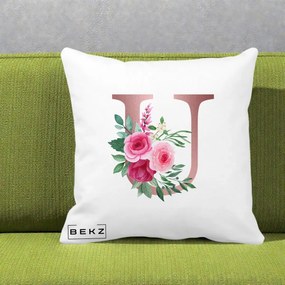 Cadou Personalizat - Perna Personalizata Monograma Rose Gold Litera U, 40x40 cm, Alba Mata, Husa Detasabila, Perna Inclusa, BEKZ®