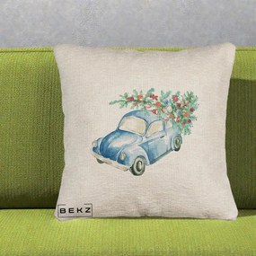 Perna Decorativa Masinuta Albastra cu Brad de Craciun, 40x40 cm, Bej Canapea, Husa Detasabila, Perna Inclusa, BEKZ®