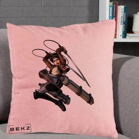 Perna Personalizata Attack on Titan Eren Yeager Lupta, 40x40 cm, Roz, Husa Detasabila, Perna Inclusa, BEKZ®