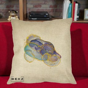 Perna Decorativa Abstract Acuarela Albastru-Mov cu Cercuri Aurii, 40x40 cm, Crem, Husa Detasabila, Perna Inclusa, BEKZ®