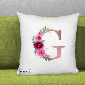 Cadou Personalizat - Perna Personalizata Monograma Rose Gold Litera G, 40x40 cm, Alb Pufos, Husa Detasabila, Perna Inclusa, BEKZ®