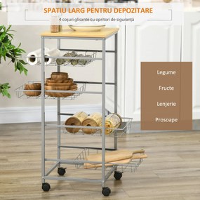 HOMCOM Cărucior de Bucătărie cu 4 Coșuri și 4 Roți (2 cu Frână) Dulap Compact pentru Spații Mici MDF și Oțel 36.5x36.5x89cm | Aosom Romania