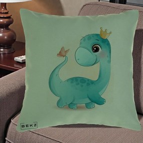 Perna Personalizata Dinozaur Bland Coroana Kawaii, 40x40 cm, Verde, Husa Detasabila, Perna Inclusa, BEKZ®