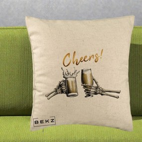 Perna Decorativa Halloween Cheers Schelete cu Bere, 40x40 cm, Bej, Husa Detasabila, Perna Inclusa, BEKZ®