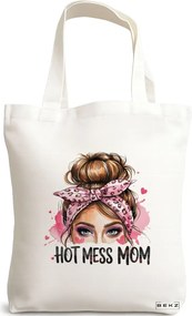 Sacosa de Panza pentru Cumparaturi, Geanta Tote, model Hot mess mom 38 x 34.5 cm, Alba, BEKZ®