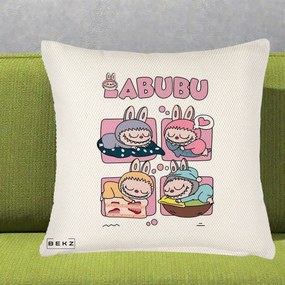 Perna Personalizata Labubu Sleeping Quad Grid, 40x40 cm, Crem Reliefat, Husa Detasabila, Perna Inclusa, BEKZ®