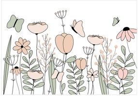 Fototapet - Pajiște desenată - flori, frunze și fluturi roz în linii grafice
