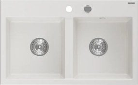 Mexen Hektor chiuvetă de bucătărie din granit cu 2 compartimente 800 x 480 mm, albă, sifon crom - 6521802000-20