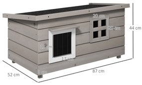Casa din lemn pentru pisici Pawhut, Canisa de adapost ridicata pentru pisici, Casuta de joaca pentru animale de companie, cu acoperis de asfalt, Cortina din PVC, Fereastra, 87 x 52 x 48 cm, Gri | Aosom Romania