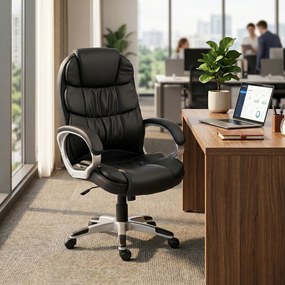 HOMCOM Scaun Birou Ergonomic Rotativ din Piele PU, Funcție Legănare, Înălțime Reglabilă, Capacitate 120kg, Negru | Aosom Romania