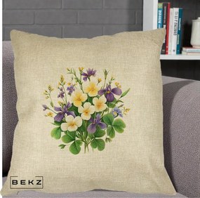 Perna Decorativa Viorele Iris Violet si Trifoi, 40x40 cm, Crem, Husa Detasabila, Perna Inclusa, BEKZ®
