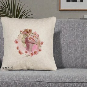 Perna Decorativa Femeie cu Flori Roz Acuarela, 40x40 cm, Bej Canapea, Husa Detasabila, Perna Inclusa, BEKZ®