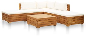 Set mobilier gradina cu perne, 6 piese, alb crem, lemn acacia Crem, colt + 2x mijloc + 2x suport pentru picioare + masa, 1