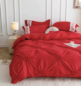 Lenjerie pat dublu, Inimi Brodate, 6 Piese, Finet Premium - Rosu