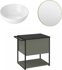 Set dulap baza suspendat Krofam Lov verde-negru 60 cm blat negru cu lavoar 39 cm si oglinda cu rama aurie