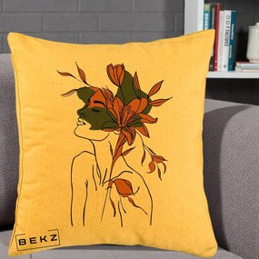 Perna Decorativa Portret Feminin Crin Auriu, 40x40 cm, Galben, Husa Detasabila, Perna Inclusa, BEKZ®
