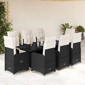 3276997 vidaXL Set bistro de grădină, 9 piese, cu perne, negru, poliratan