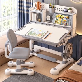 Set birou și scaun pentru copii, reglabile pe înălțime, blat înclinabil 0–50°, organizator cu rafturi, 80 × 60 cm, gri