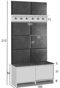 CUI506 - Cuier 100x37x213 cm - 6 agatatori haine, hol, pantofar - Alb