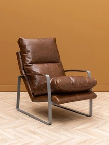 Fotoliu maro din piele naturala full grain cu cadru din metal, „Homy”